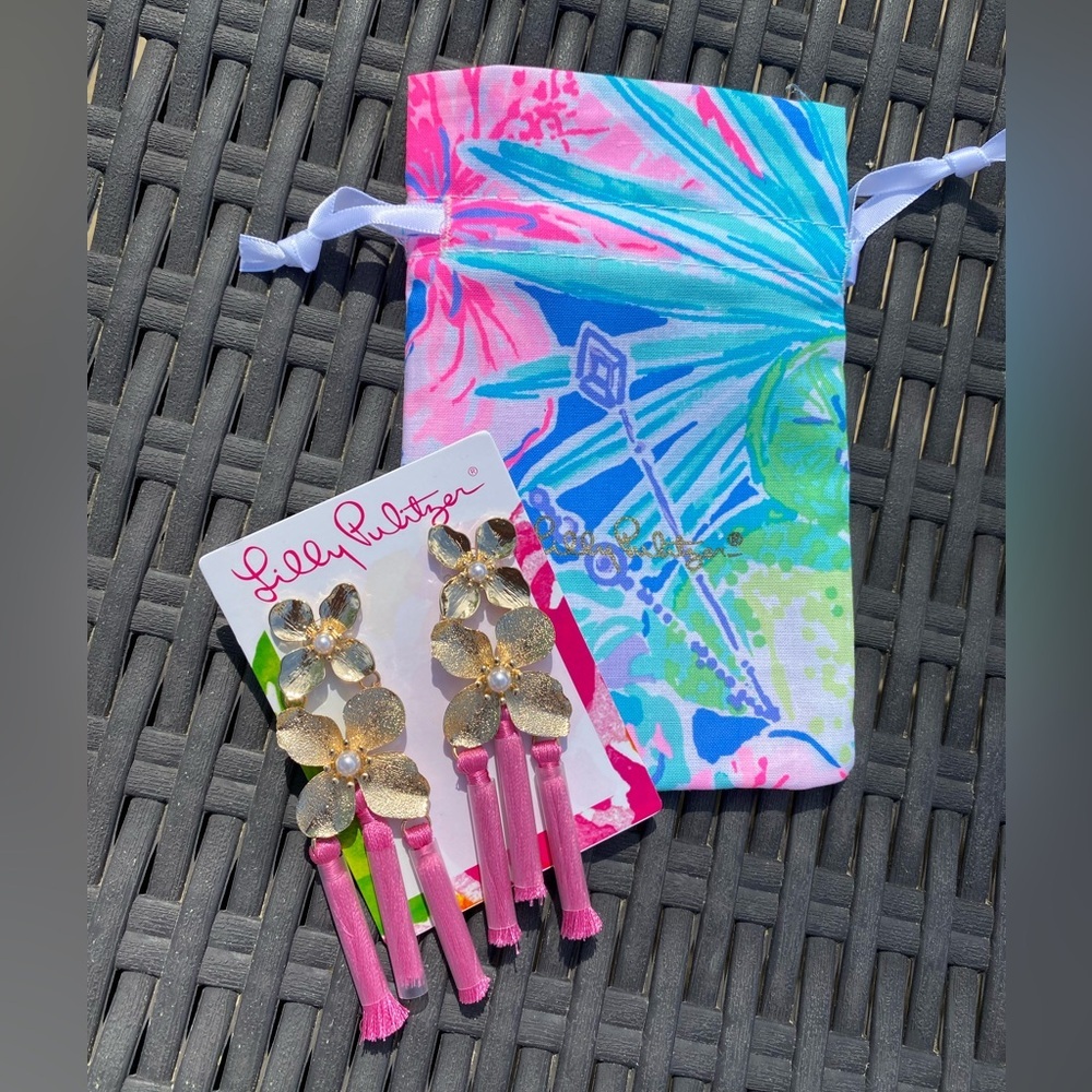 LILLY PULITZER Via Flora Roxie Pink Gold Orchid Tassel Earrings - Picture 6 of 8